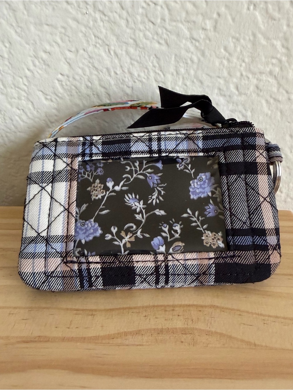 Vera Bradley Black & Pink Plaid Wristlet Card Holder with Floral ID, And Lanyard